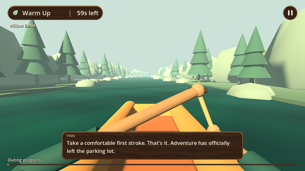Actual Wildwater gameplay: row down a pine-lined river with a compact workout timer and Finn’s spoken guidance shown in subtitles.